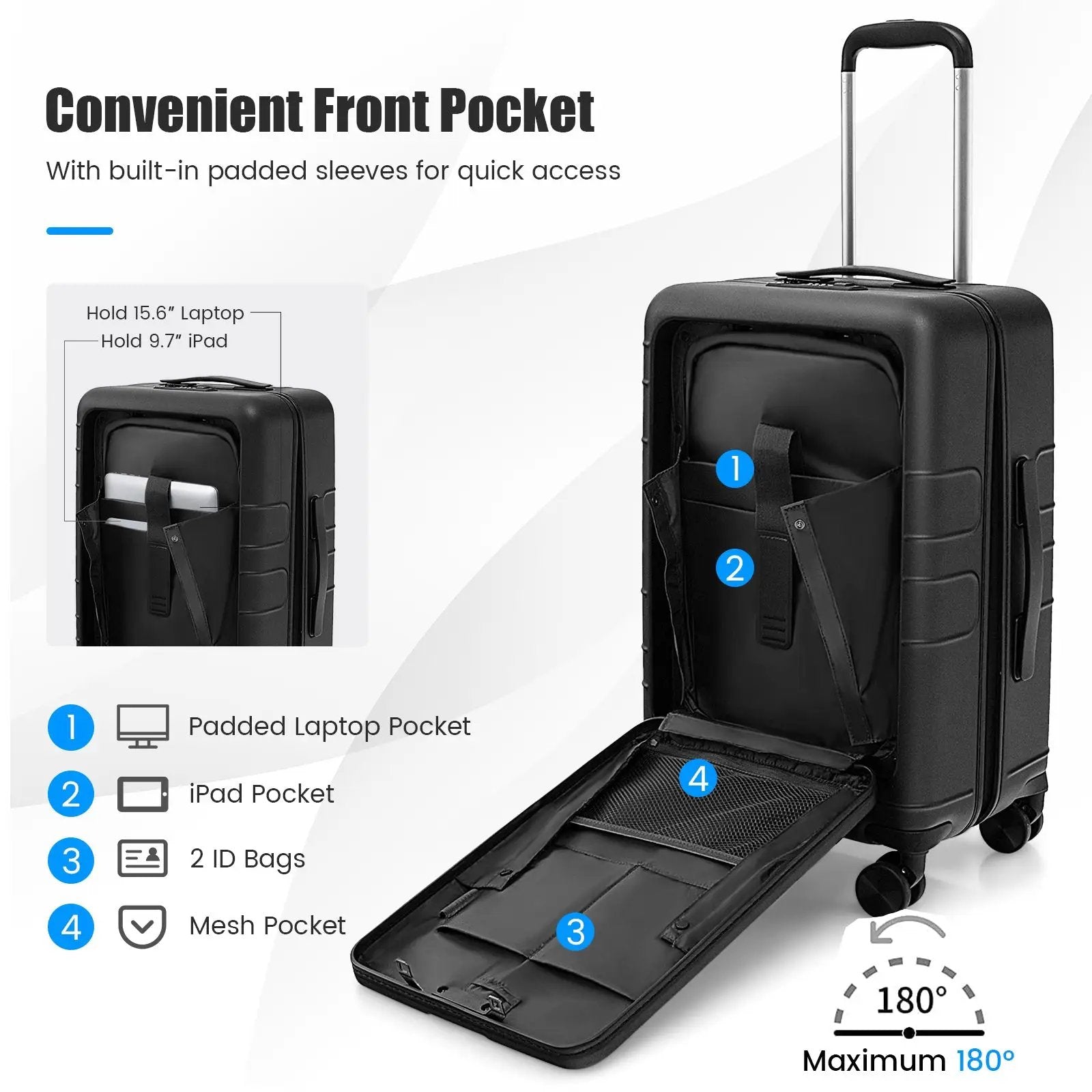 20 Inch Carry-on Luggage PC Hardside Suitcase TSA Lock with Front Pocket and USB Port by DirectDeals