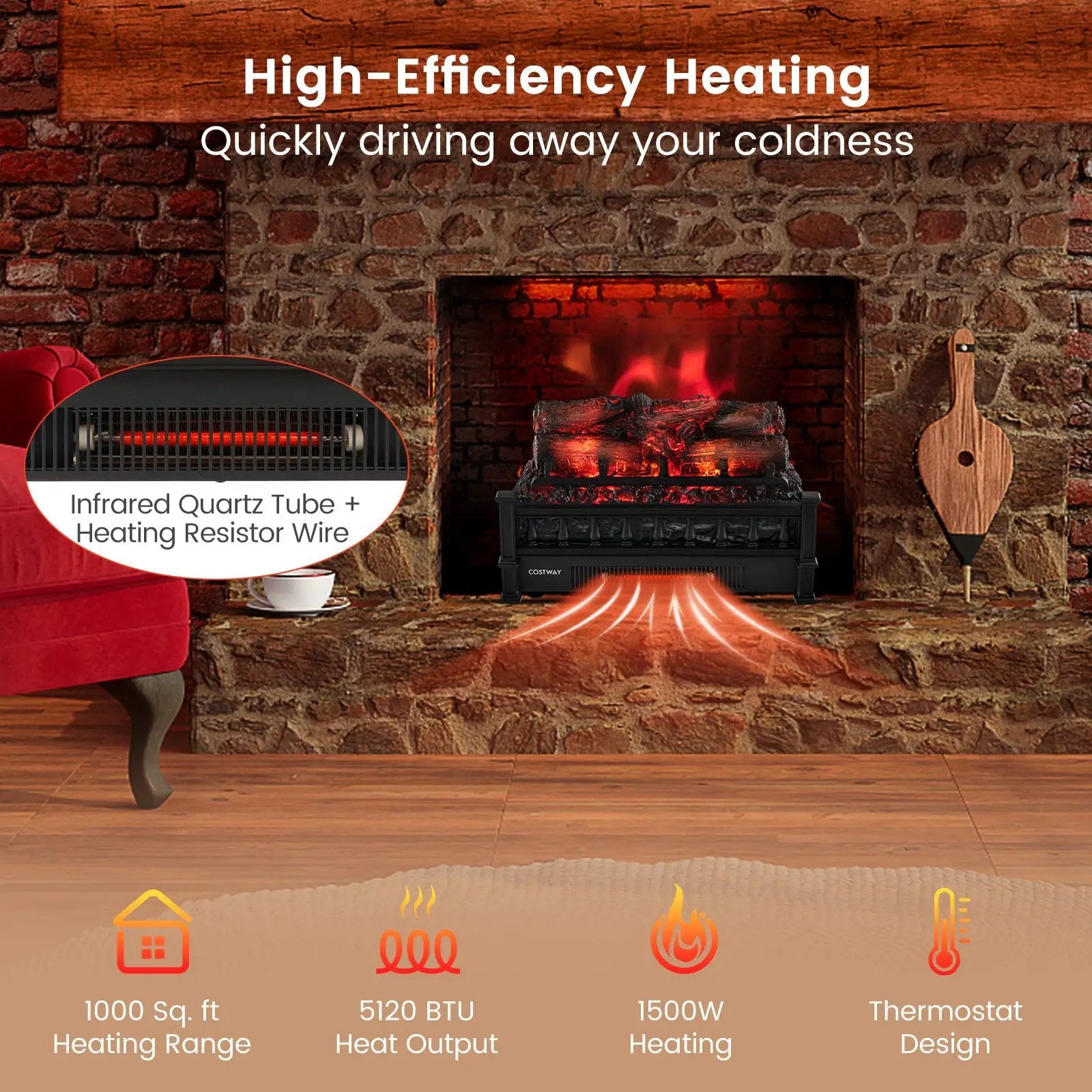 20 Inch Electric Fireplace Heater with Realistic Pinewood Ember Bed-Black by DirectDeals