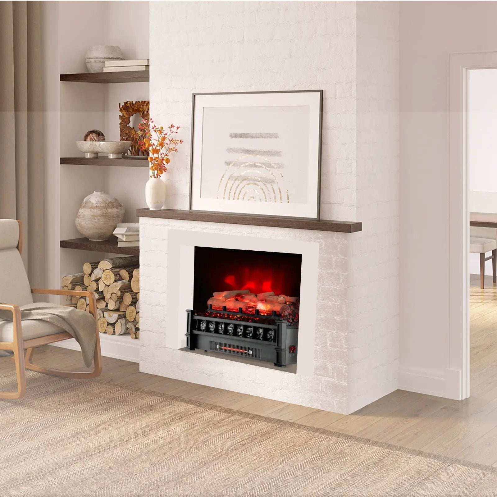 20 Inch Electric Fireplace Heater with Realistic Birchwood Ember Bed-Black by DirectDeals