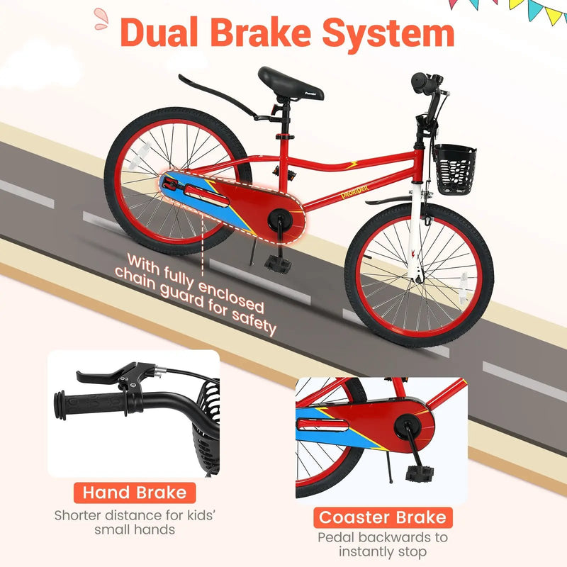 20 Inch Kids Bike Adjustable with Kickstand and Storage Basket for Aged 8+ Years by DirectDeals