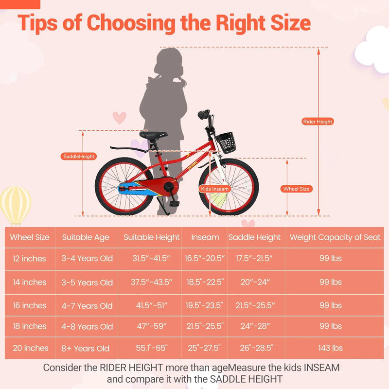 20 Inch Kids Bike Adjustable with Kickstand and Storage Basket for Aged 8+ Years by DirectDeals