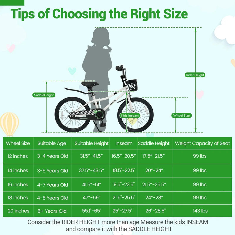 20 Inch Kids Bike Adjustable with Kickstand and Storage Basket for Aged 8+ Years by DirectDeals