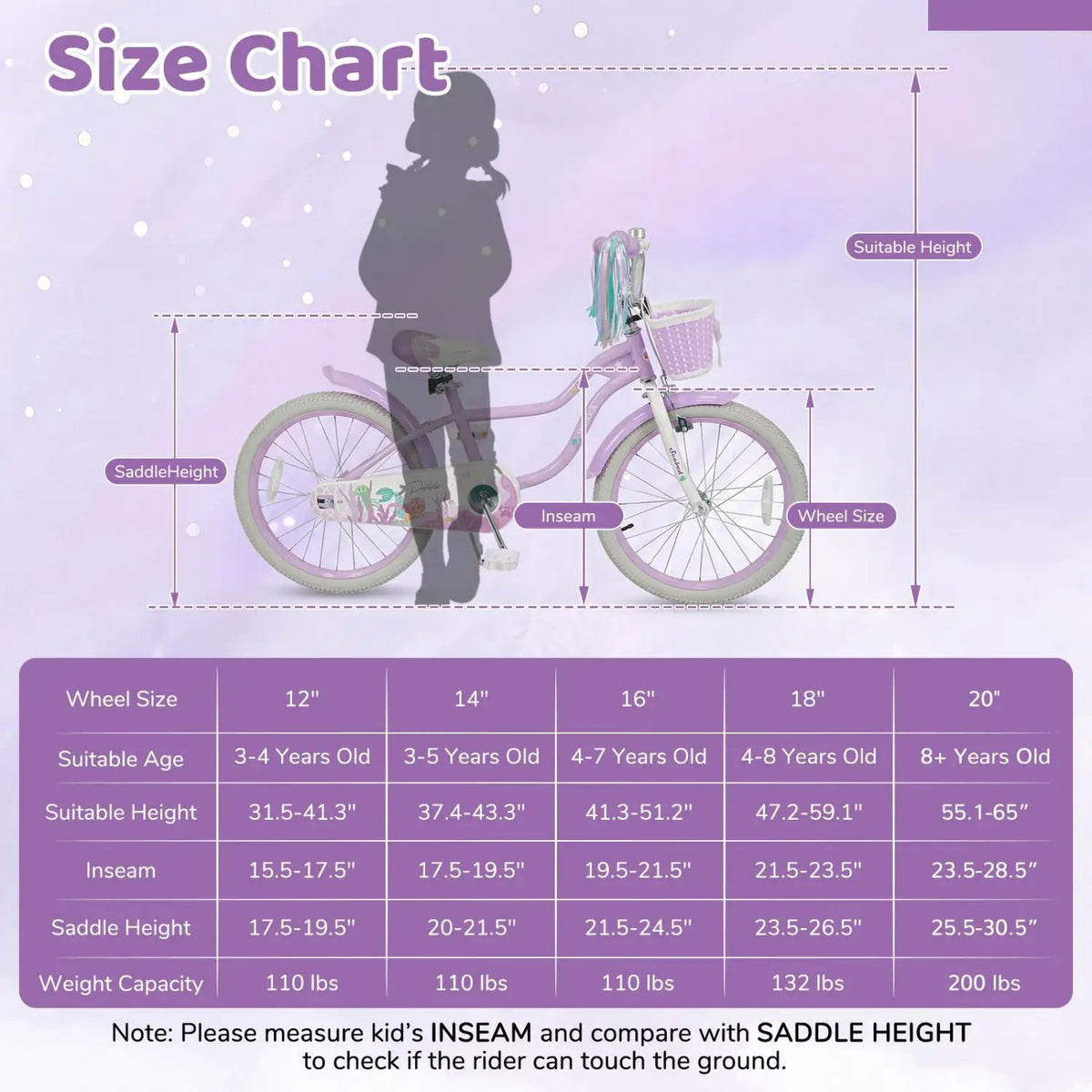 Kids Bike 12-20 Inch with Training Wheels & Basket Purple by DirectDeals