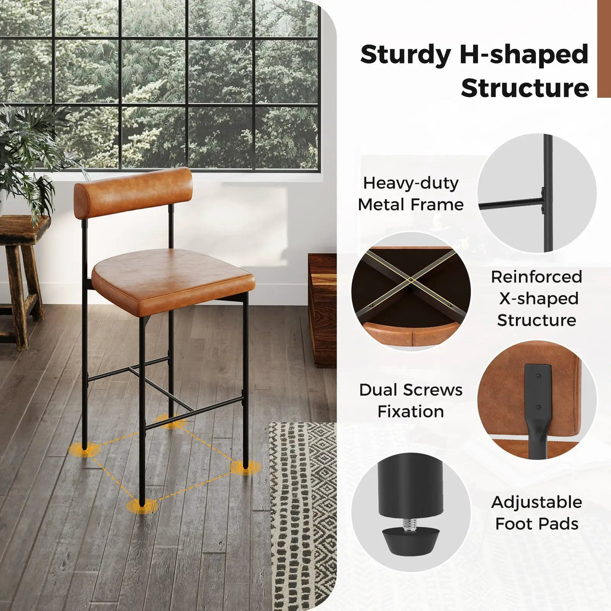 26 Inch Upholstered Bar Stools Set of 2 Counter Height Bar Chairs with Backrest by DirectDeals