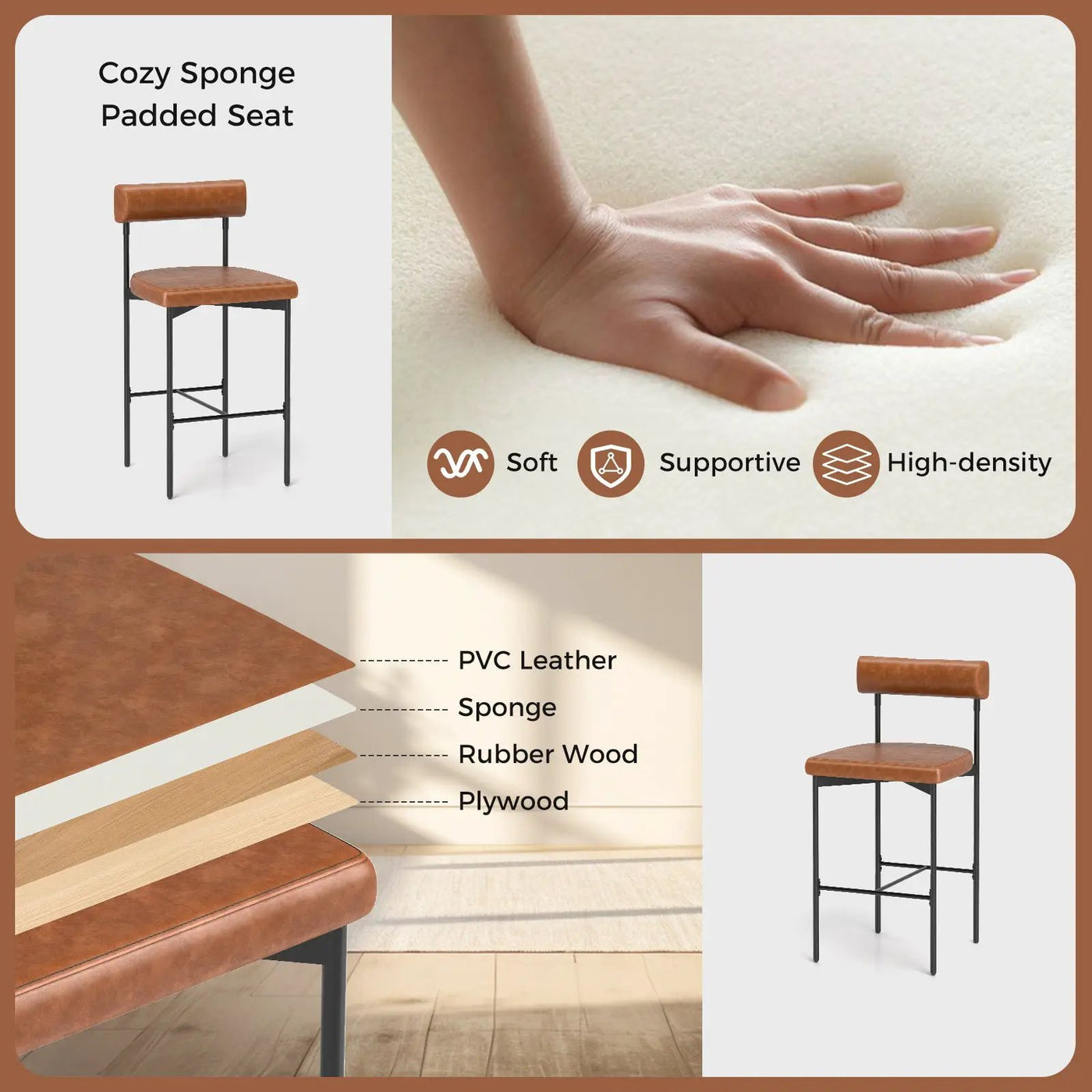 26 Inch Upholstered Bar Stools Set of 2 Counter Height Bar Chairs with Backrest by DirectDeals