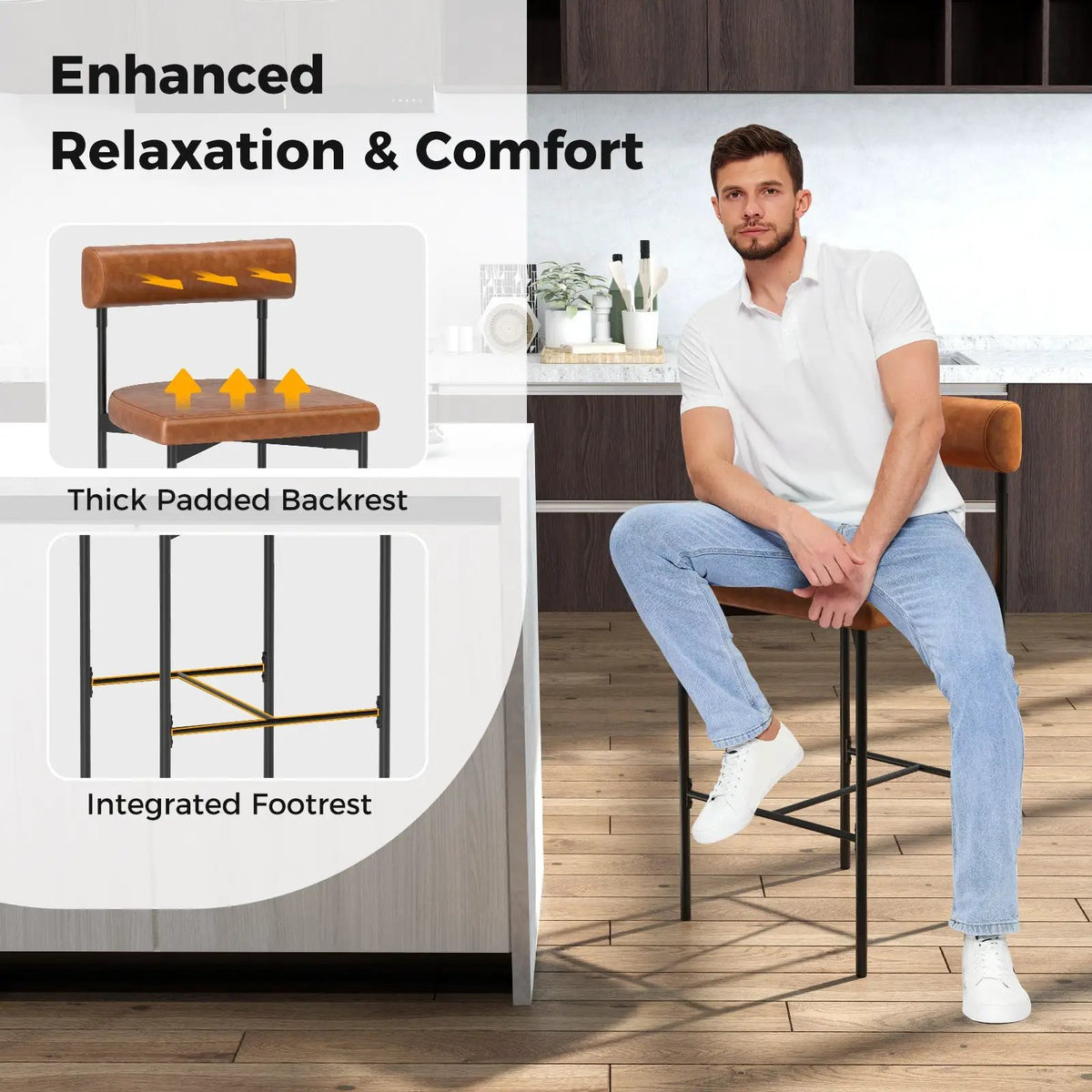 26 Inch Upholstered Bar Stools Set of 2 Counter Height Bar Chairs with Backrest by DirectDeals
