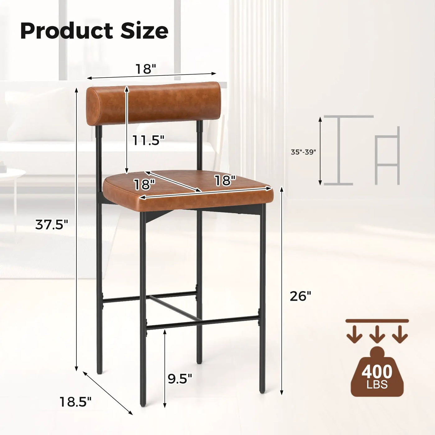 26 Inch Upholstered Bar Stools Set of 2 Counter Height Bar Chairs with Backrest by DirectDeals
