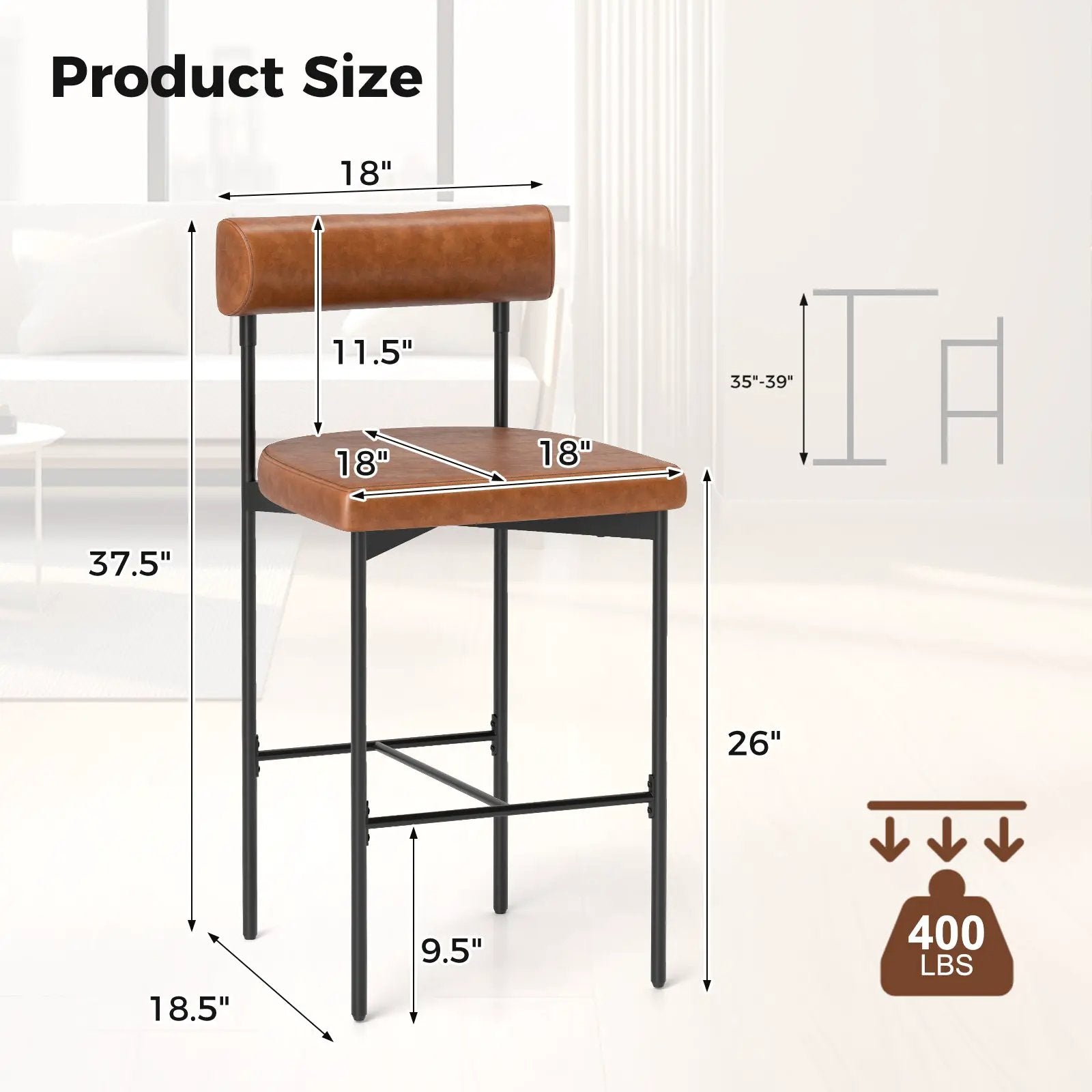 26 Inch Upholstered Bar Stools Set of 2 Counter Height Bar Chairs with Backrest by DirectDeals