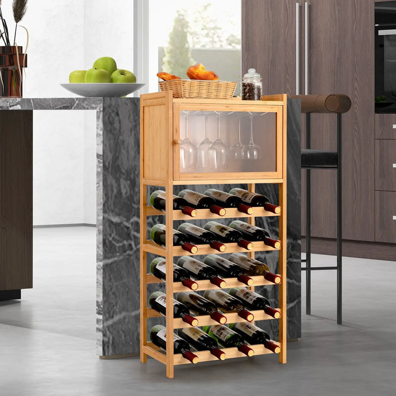 20-Bottle Freestanding Bamboo Wine Rack Cabinet with Display Shelf and Glass Hanger-Natural by DirectDeals