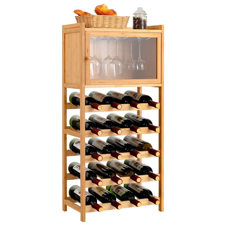 20-Bottle Freestanding Bamboo Wine Rack Cabinet with Display Shelf and Glass Hanger-Natural by DirectDeals