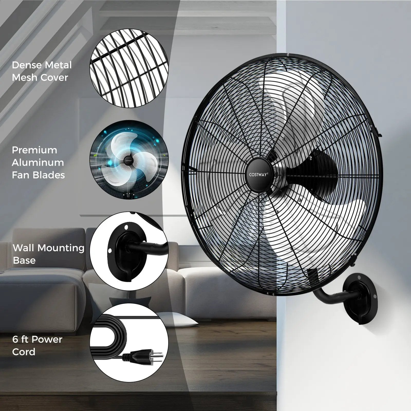 20 Inch Wall Mount Fan with 3 Fan Speeds and Adjustable Tilt Head-Black by DirectDeals