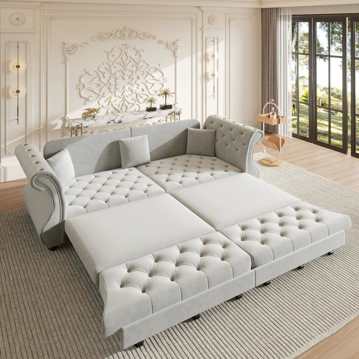 Oversized Chesterfield Pull Out Sofa Bed, Roll Arm Couch With Flower Tufting For Living Room by HouseOfZazla