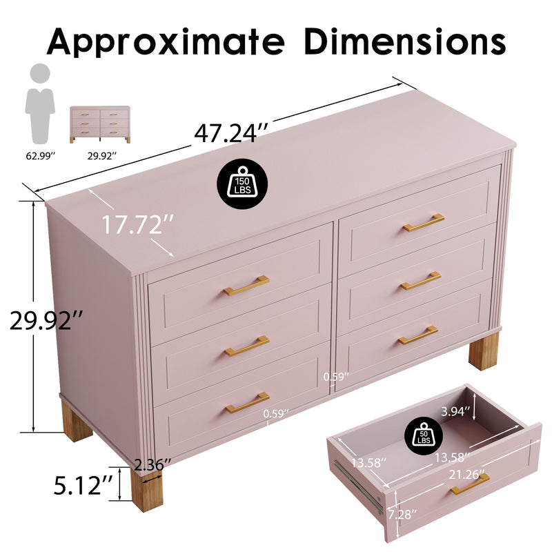 6-Drawer Double Dresser , Modern Storage Cabinet with Metal Handles & Solid Wood Legs, Dresser Drawer Organizer for Kids Bedroom, Heavy-Duty Wooden Dresser with Pre-Installed, photo 10 of 10