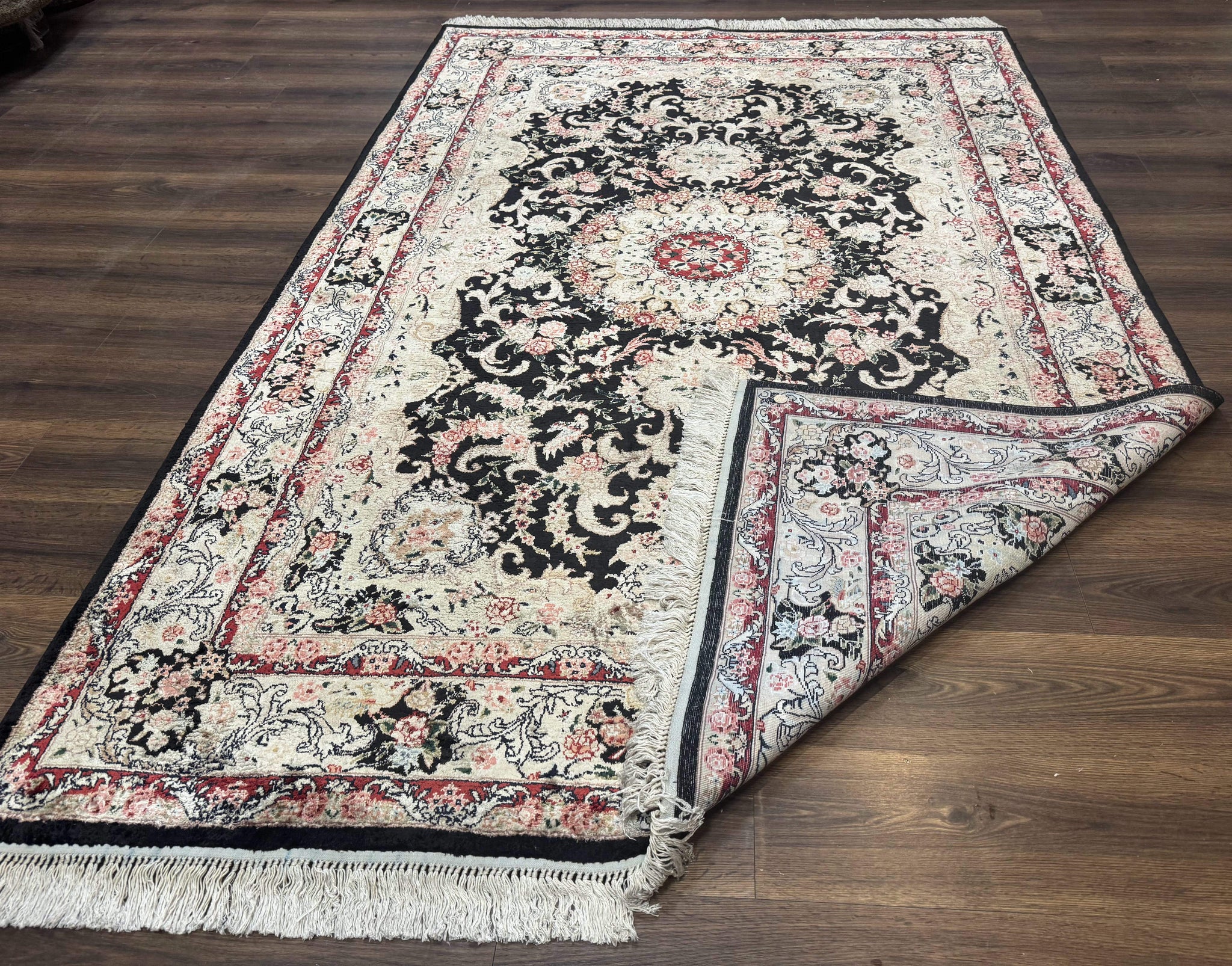 Indian Kashmiri Silk Rug, Floral Medallion, Vintage Hand Knotted Carpet by Jewel Rugs