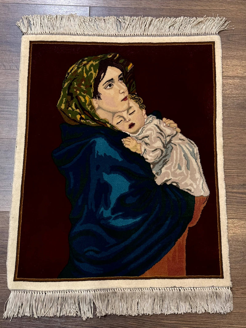 Small Persian Tabriz Pictorial Rug 2x2, Mother Holding Child, Very Fine 340 KPSI, Maroon by Jewel Rugs