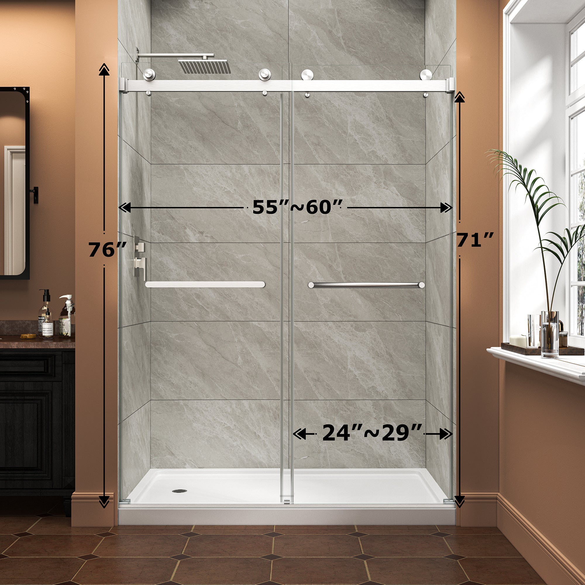 55"-60" W x 76" H Brushed Nickel Reversible Frameless Sliding Shower Door by HouseOfZazla