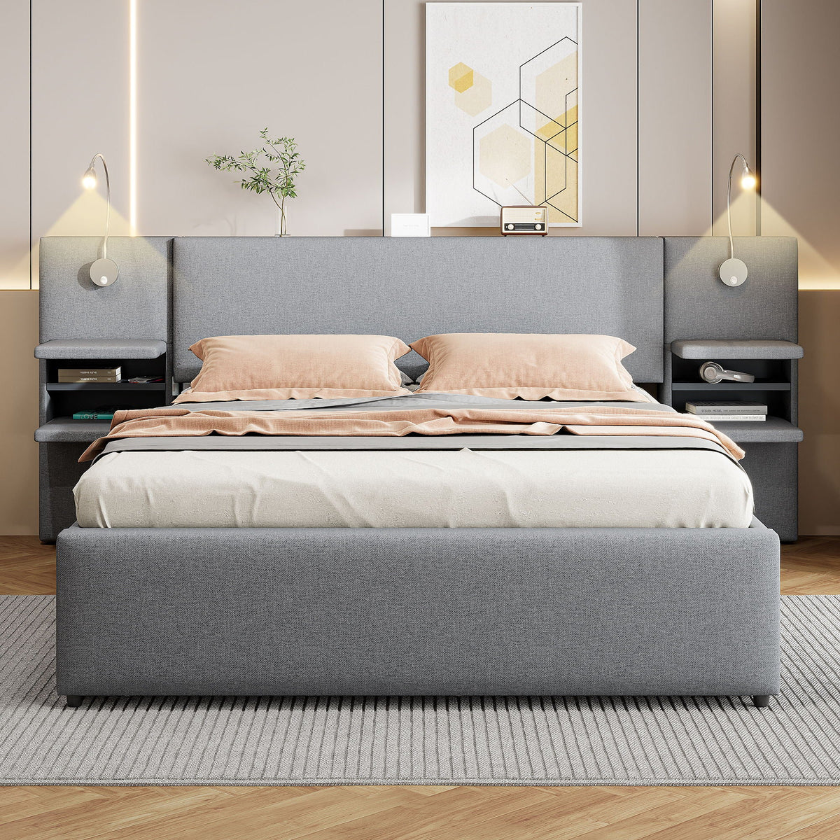 Upholstered Platform Bed With Reading Lights, Drawers, Trundle And Shelves, photo 5 of 14