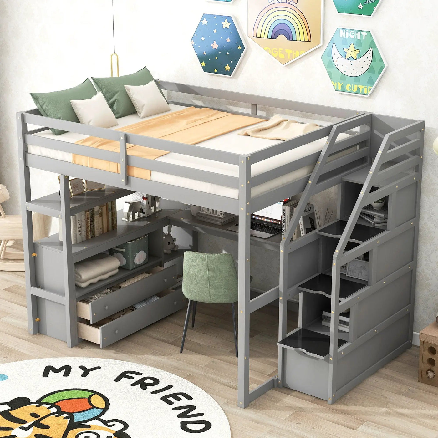 Loft Bed With Desk, Shelves, 2 Drawers, Storage Staircase by Unique Piece Furniture