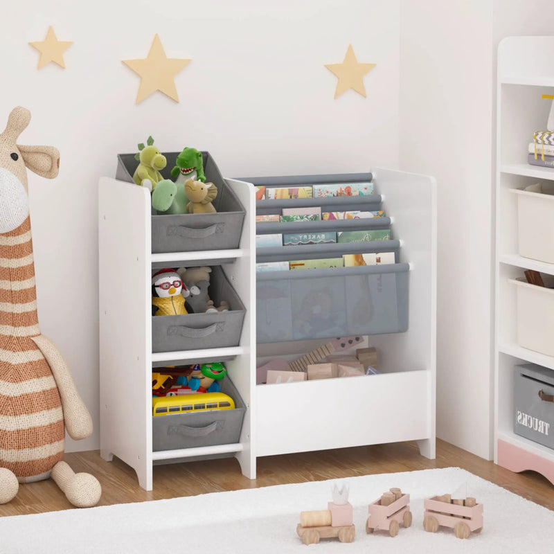 Bookshelf And Toy Storage Organizer, Multifunctional 4 Tier With 3 Collapsible Drawers - White by HouseOfZazla