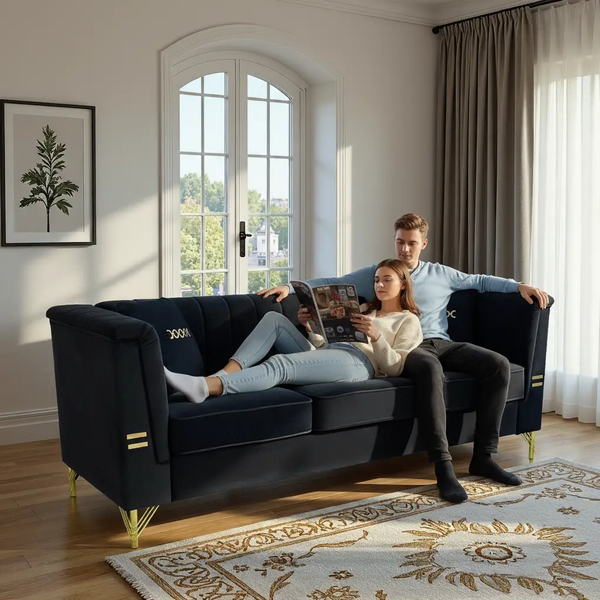 FX-P82-BK2 Modern Velvet 3-Seater Sofa with 2 Pillows, photo 2 of 10