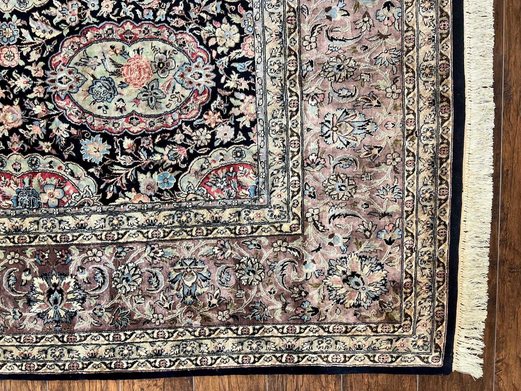 Sino Persian Rug 9x12, Navy Blue and Pink Hand Knotted Wool and Silk Highlights Vintage Oriental Carpet, Handmade Floral Area Rug 9 x 12 ft by Jewel Rugs