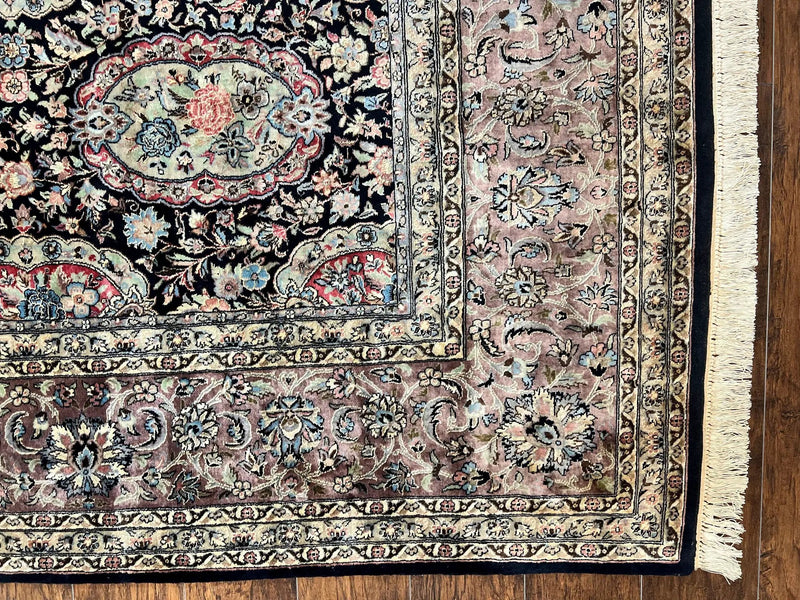 Sino Persian Rug 9x12, Navy Blue and Pink Hand Knotted Wool and Silk Highlights Vintage Oriental Carpet, Handmade Floral Area Rug 9 x 12 ft by Jewel Rugs