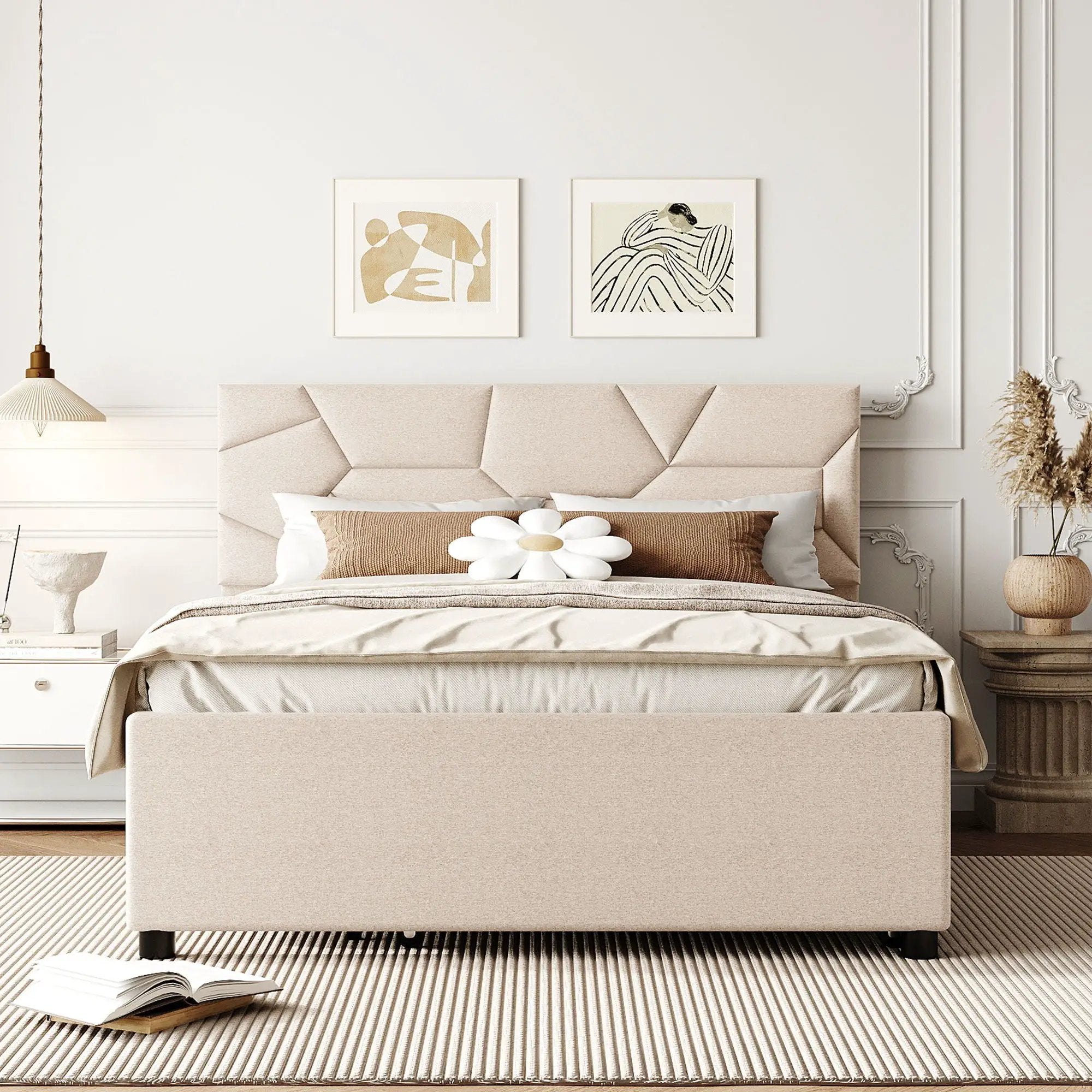 Upholstered Platform Bed With Brick Pattern Headboard And Twin Long Size Trundle by Unique Piece Furniture