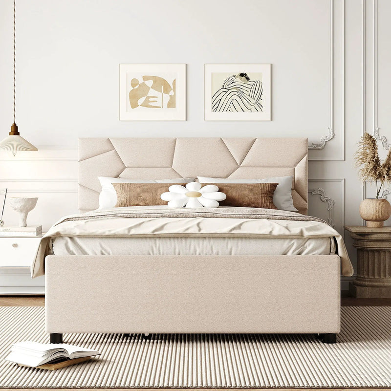 Upholstered Platform Bed With Brick Pattern Headboard And Twin Long Size Trundle by HouseOfZazla