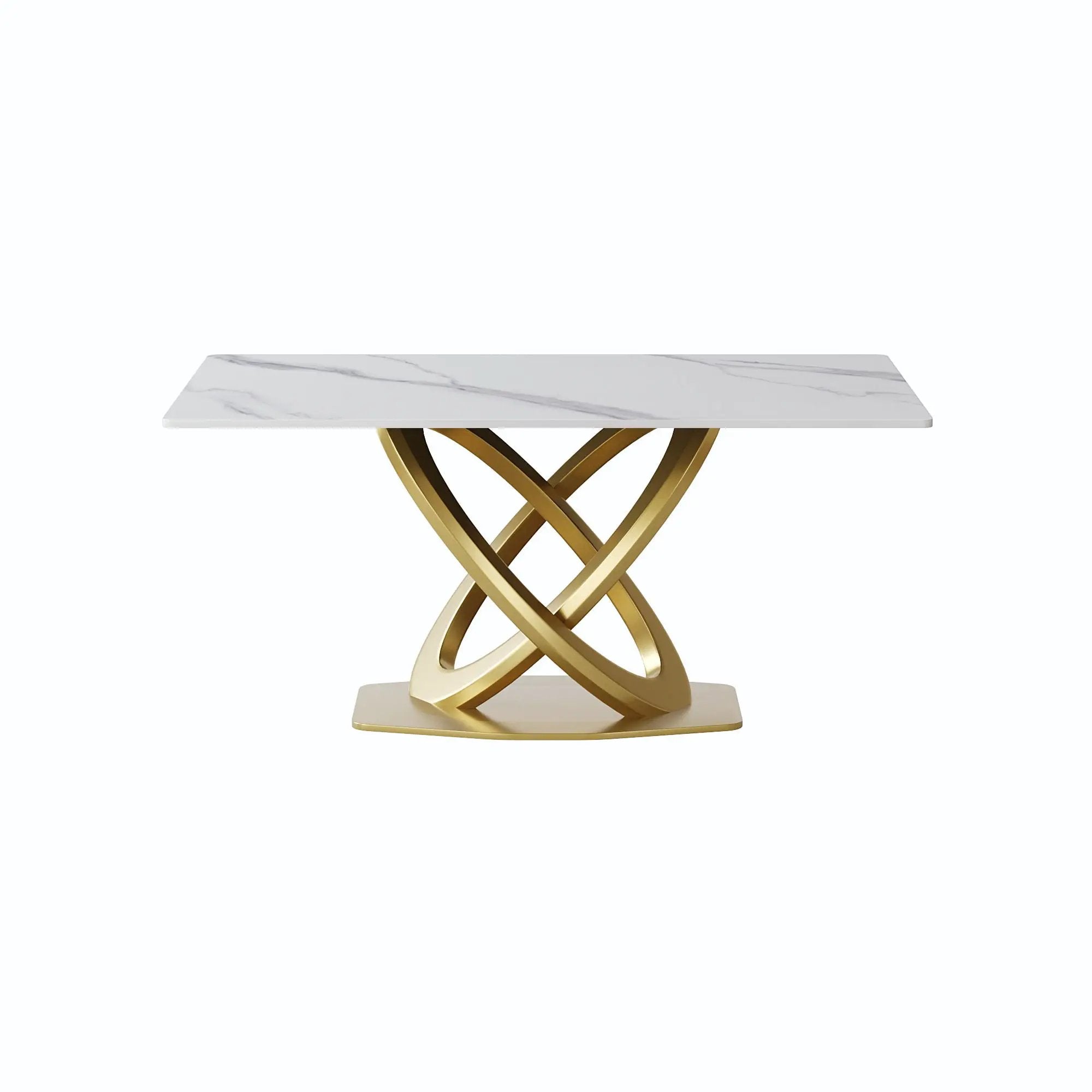 63" Modern Artificial Stone Panel Double-Ring Stainless Steel Metal Legs, Can Accommodate 6-8 People - White / Gold by HouseOfZazla