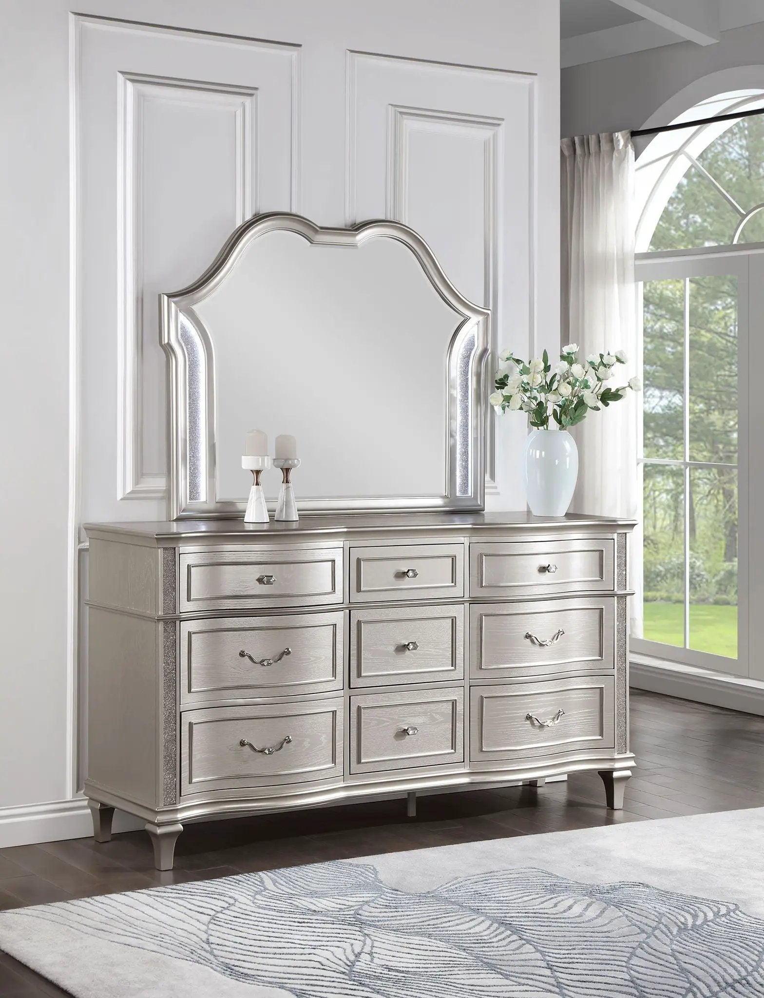 Evangeline 9-drawer Dresser with Mirror Silver Oak by Unique Piece Furniture