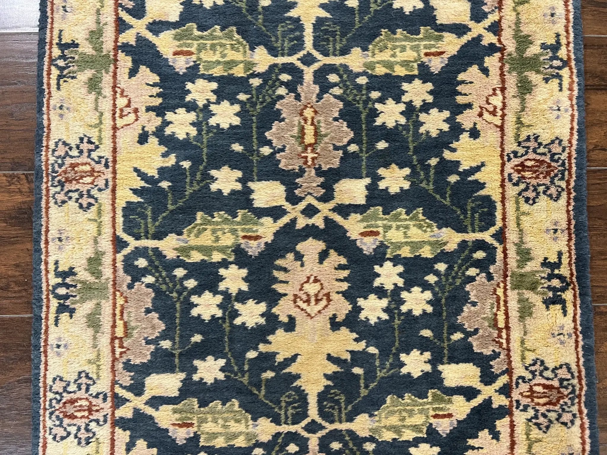 Indian Runner Rug 2.6 x 12, Navy Blue Beige Oriental Runner Rug 12ft Long, Narrow Hallway Runner, Wool Hand Knotted Indo Persian Mahal Rug by Jewel Rugs