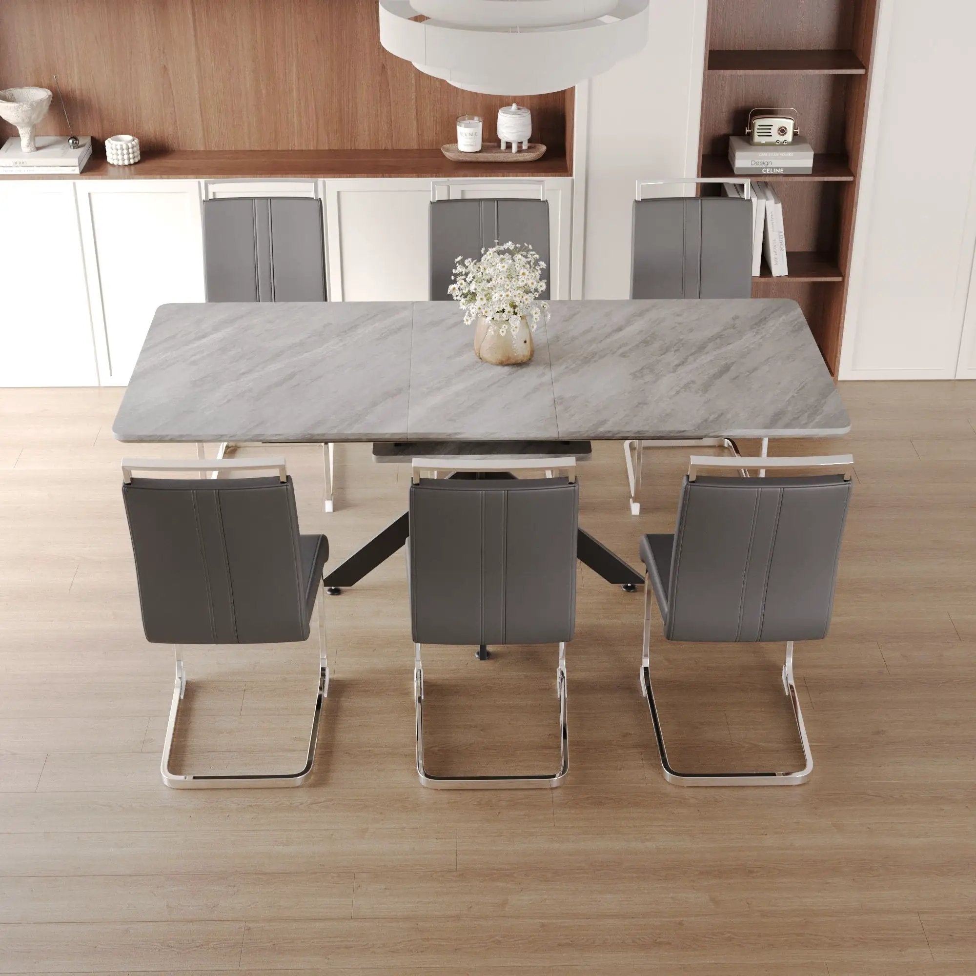 Modern Extendable Dining Table Set With Soft Padded Armless Chairs by Unique Piece Furniture