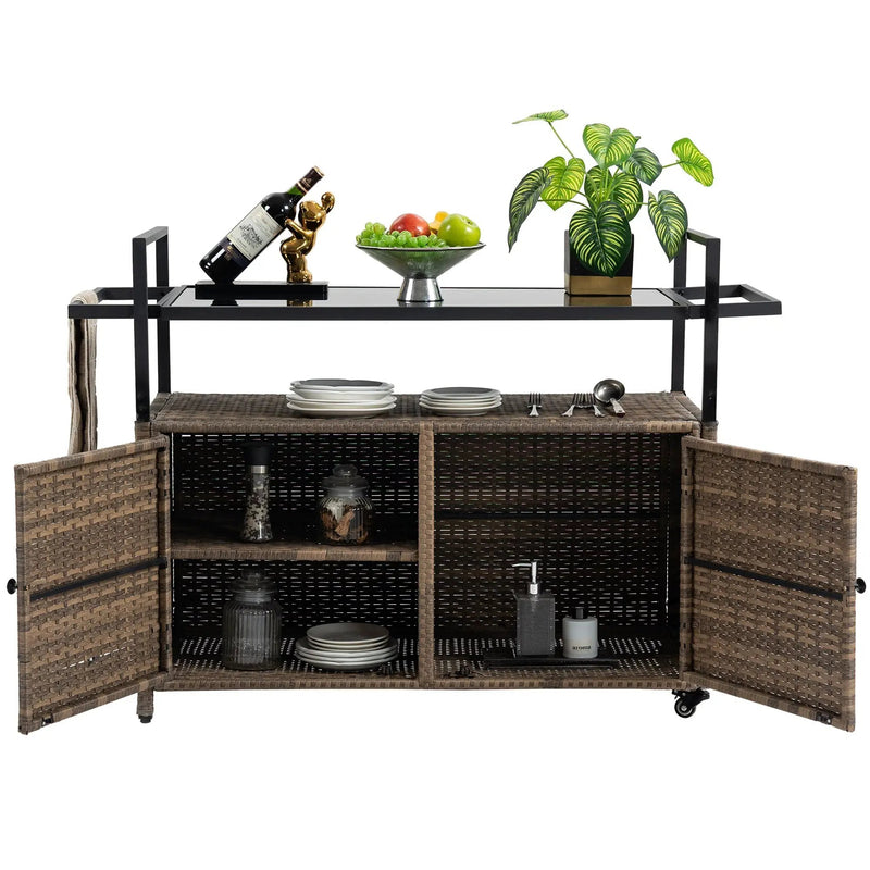 Outdoor Wicker Bar Cart with Glass Top and Wheels by HouseOfZazla