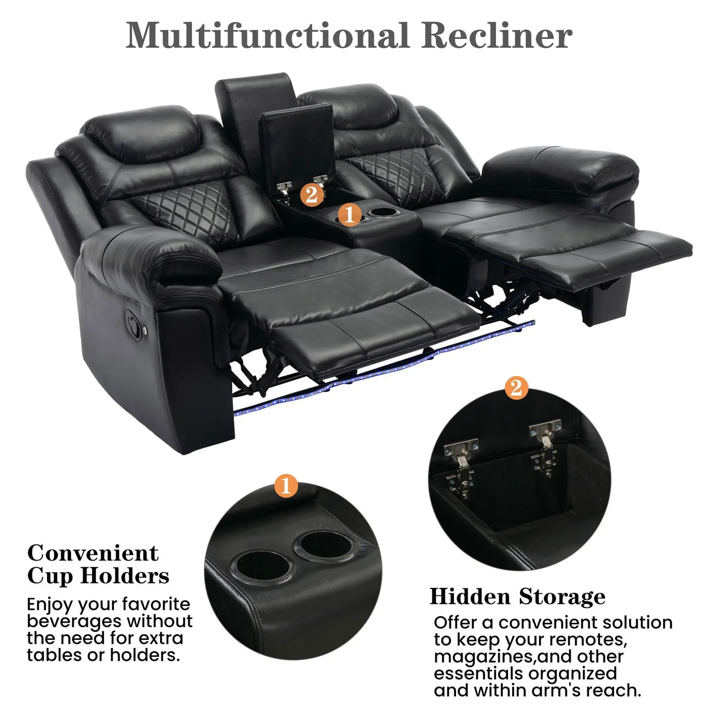 Home Theater Seating Manual Recliner Loveseat With Hide-Away Storage, Cup Holders And Led Light Strip For Living Room by Unique Piece Furniture