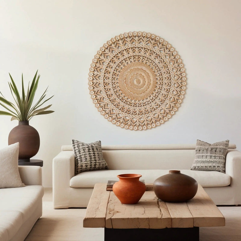 Floral Hand Carved Mandala Round Wall Decor - Brown / Antique White by Unique Piece Furniture