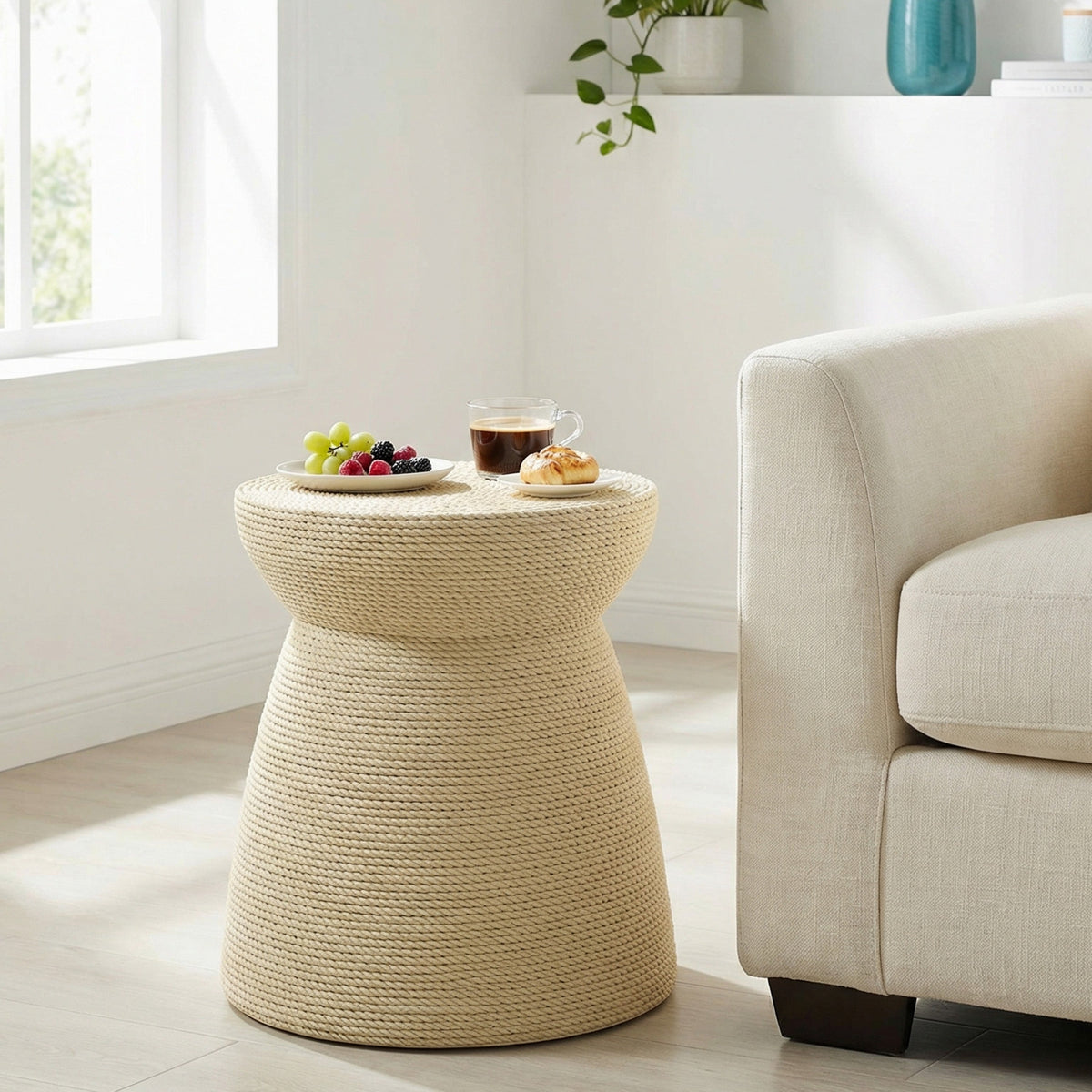 Simulated Rattan Side Table with Magnesium Oxide Construction - Neutral, photo 2 of 10