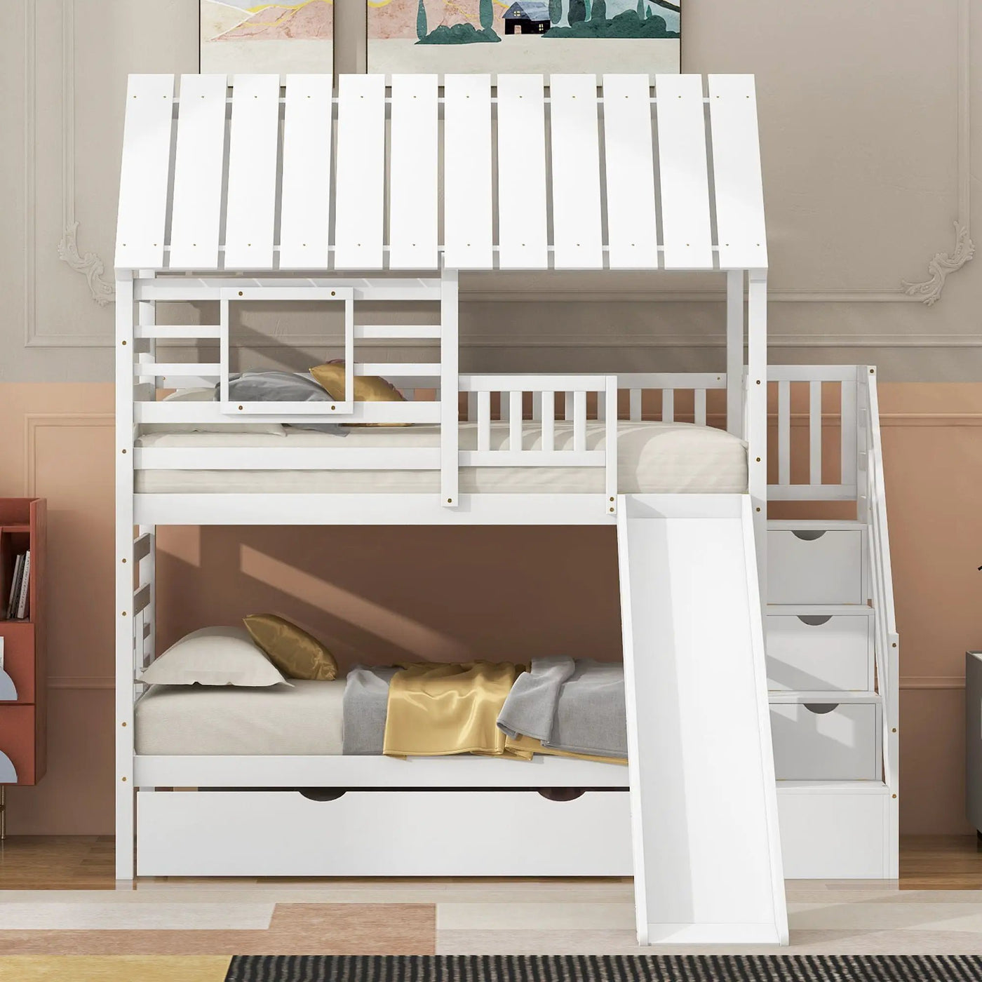 House Bunk Bed With Trundle, Storage Staircase, Roof And Window Design by HouseOfZazla
