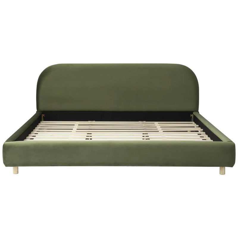 California King Size Upholstered Bed Frame With Velvet Fabric And Curve Design Thick Headboard, Solid Wood Legs, Olive by HouseOfZazla