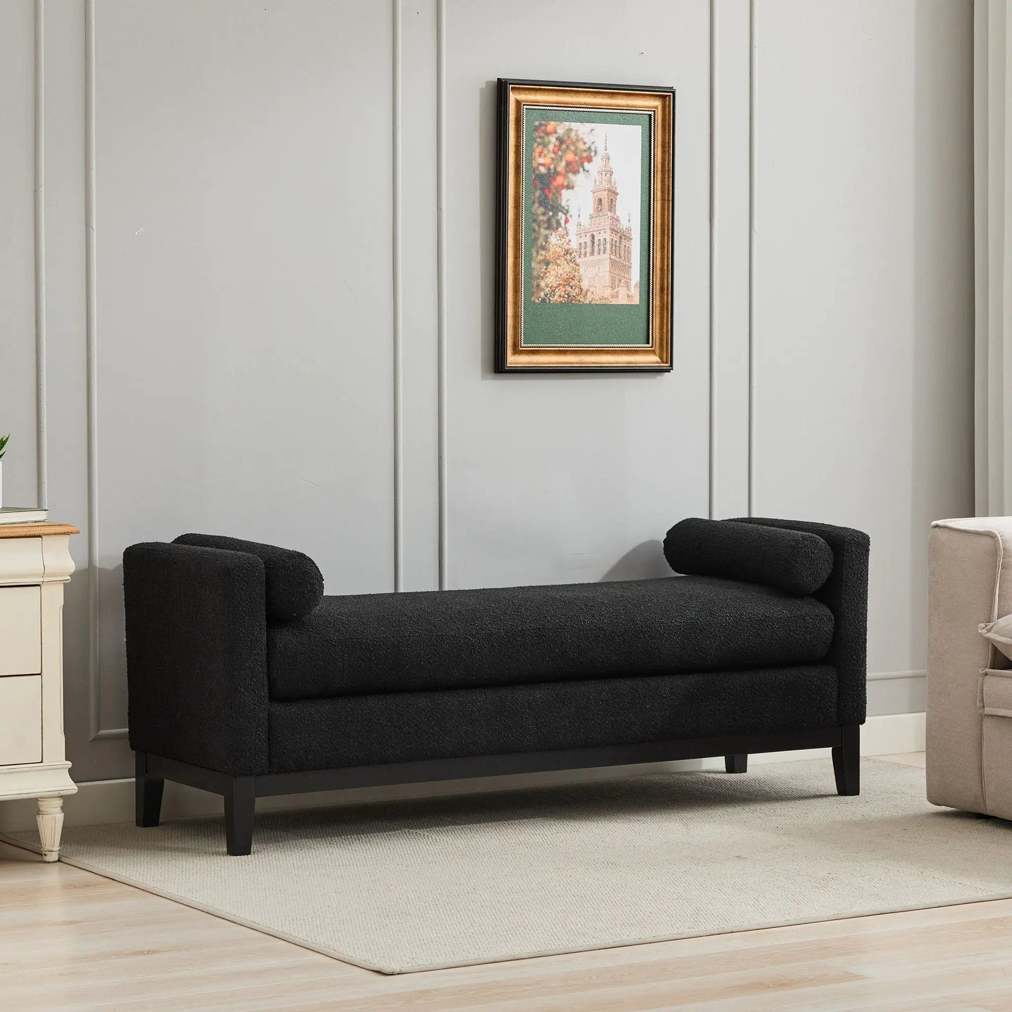 Elegant Upholstered Bench, Daybed, Ottoman With Wood Legs & 2 Bolster Pillows - Black Boucle by HouseOfZazla