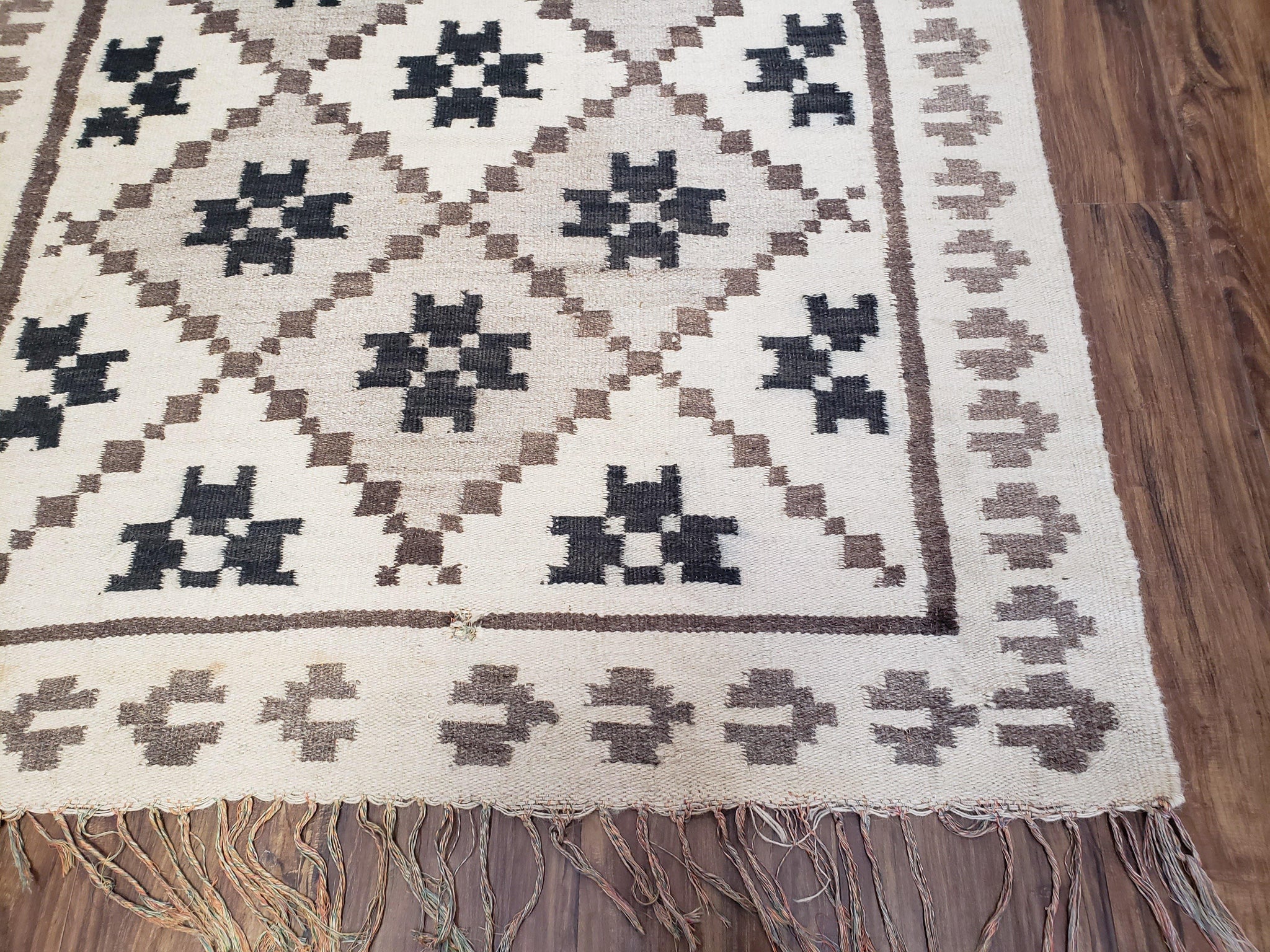 Semi Antique South American Blanket 4x8, Wool Hand-Woven Flatweave Kilim Rug, Handmade Antique Vintage Runner, Ivory & Blue, Diamond Panel by Jewel Rugs