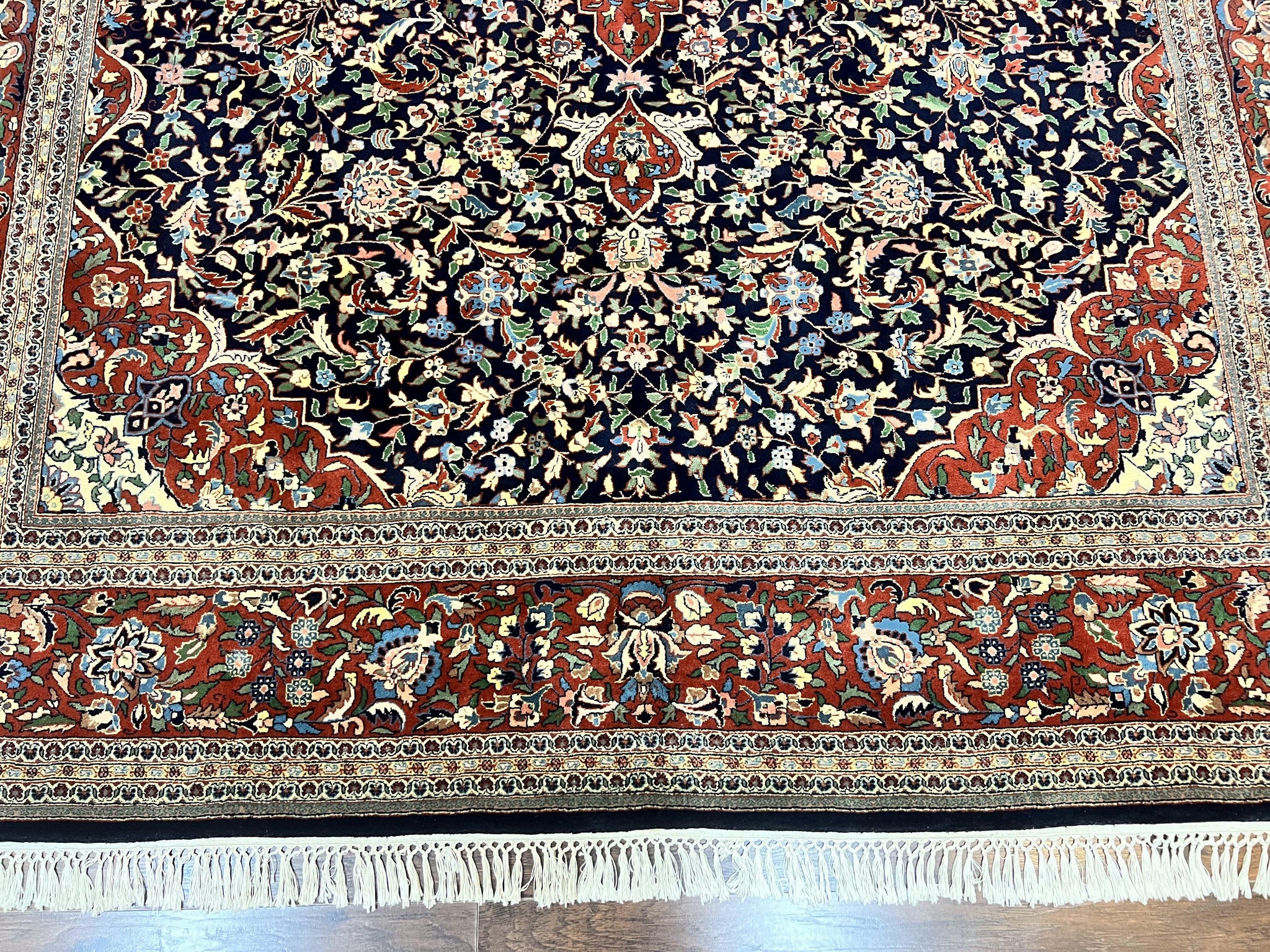 Indo Persian Rug 8x10, Floral Medallion, Vintage Handmade Wool Carpet, Navy Blue and Red, Fine 300 KPSI by Jewel Rugs