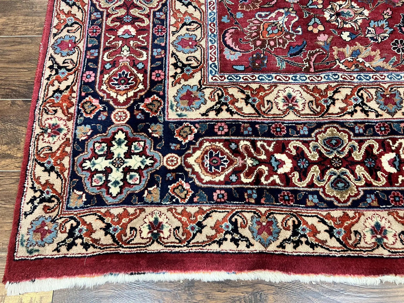 Signed Persian Mashad Rug 8x10, Wool Oriental Carpet, Semi Antique Rug, Hand Knotted, Traditional, Red, Floral Allover, by Jewel Rugs