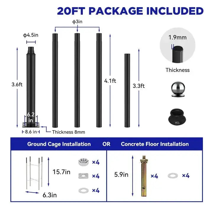 20Ft Commercial Grade Street/Parking/Flag Light Pole, Aluminum + Cage 1-Pack by Outdoor Solar Outlet