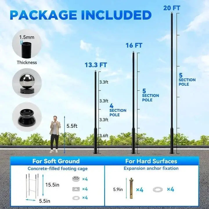 20Ft Commercial Grade Street/Parking/Flag Light Pole, Aluminum + Cage 1-Pack by Outdoor Solar Outlet