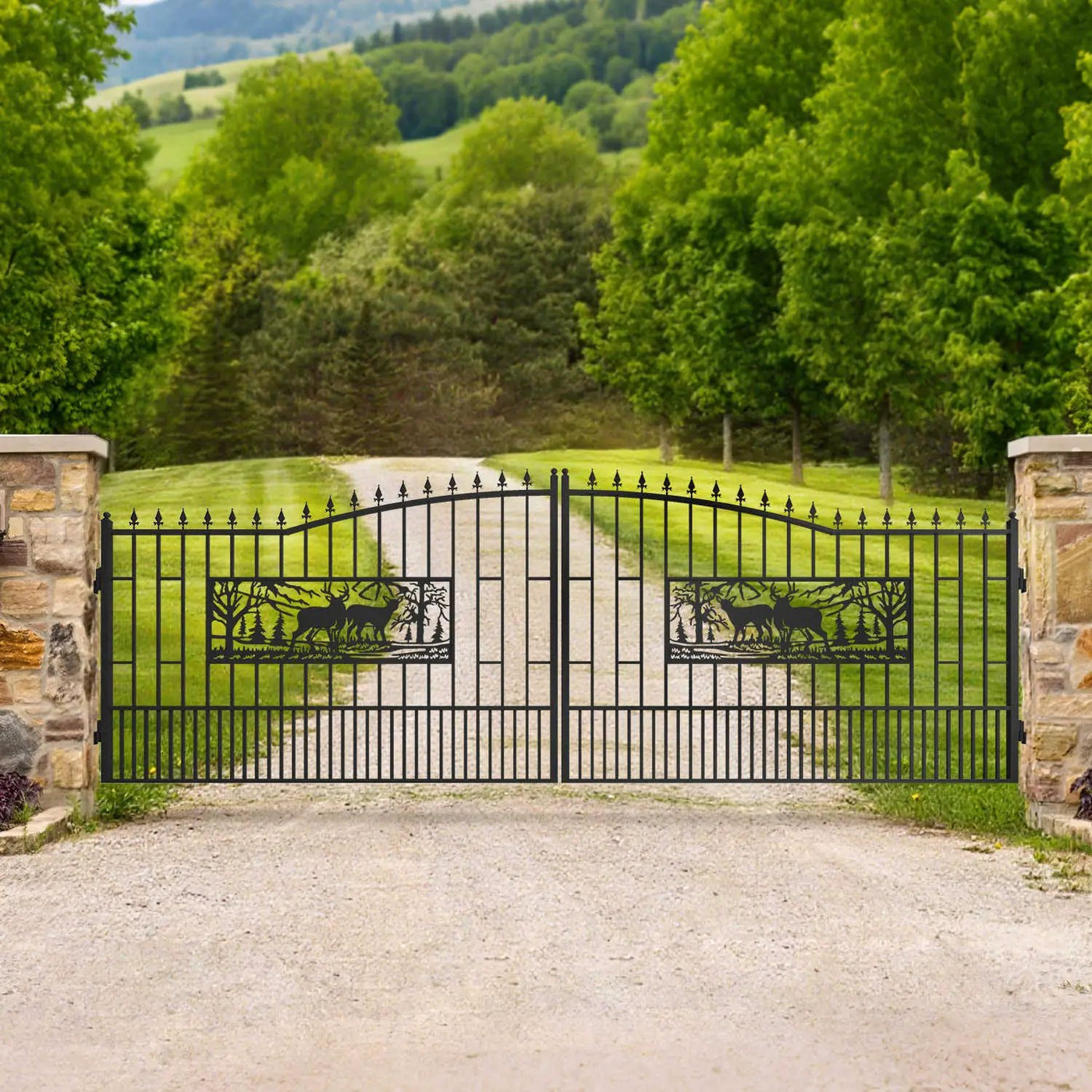 18x7 ft Steel Dual Swing Driveway Gate with Rectangular Deer Pattern by Chery Industrial