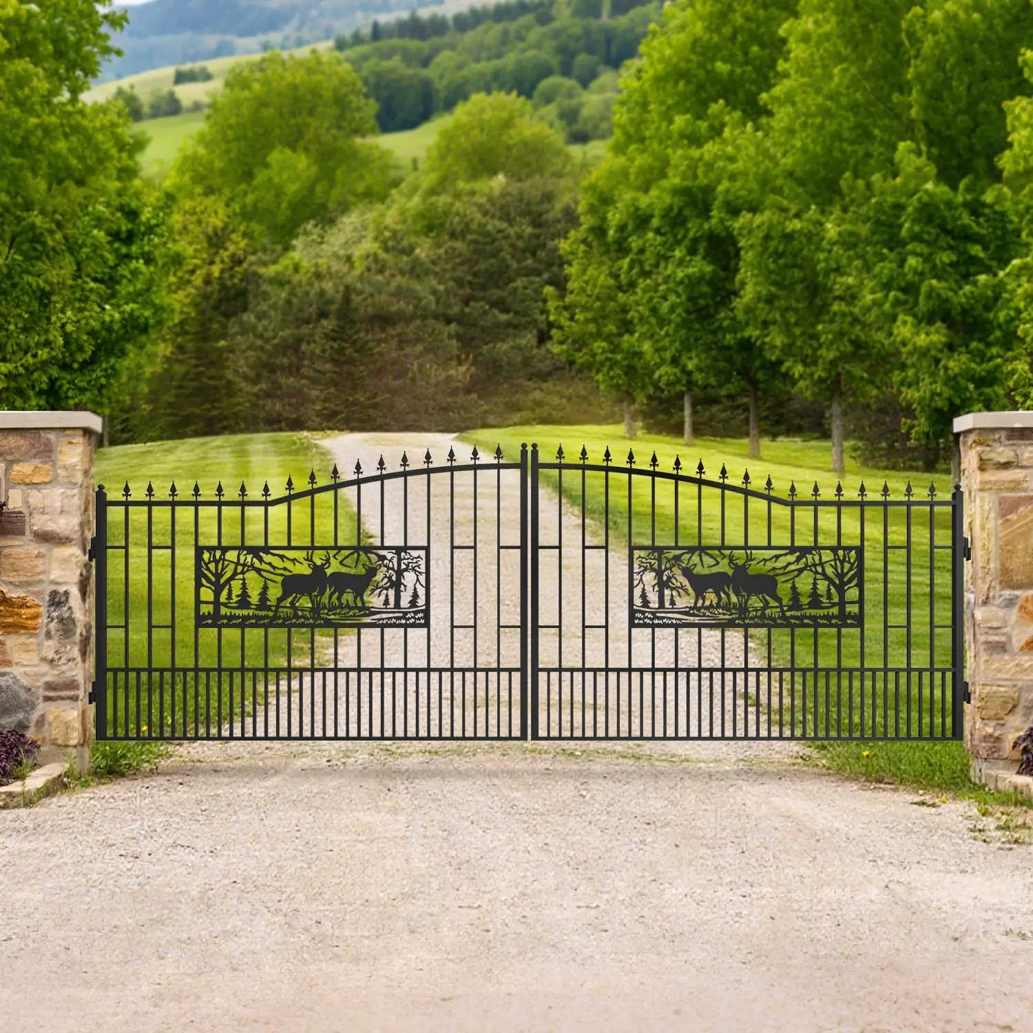 18x7 ft Steel Dual Swing Driveway Gate with Rectangular Deer Pattern by Chery Industrial