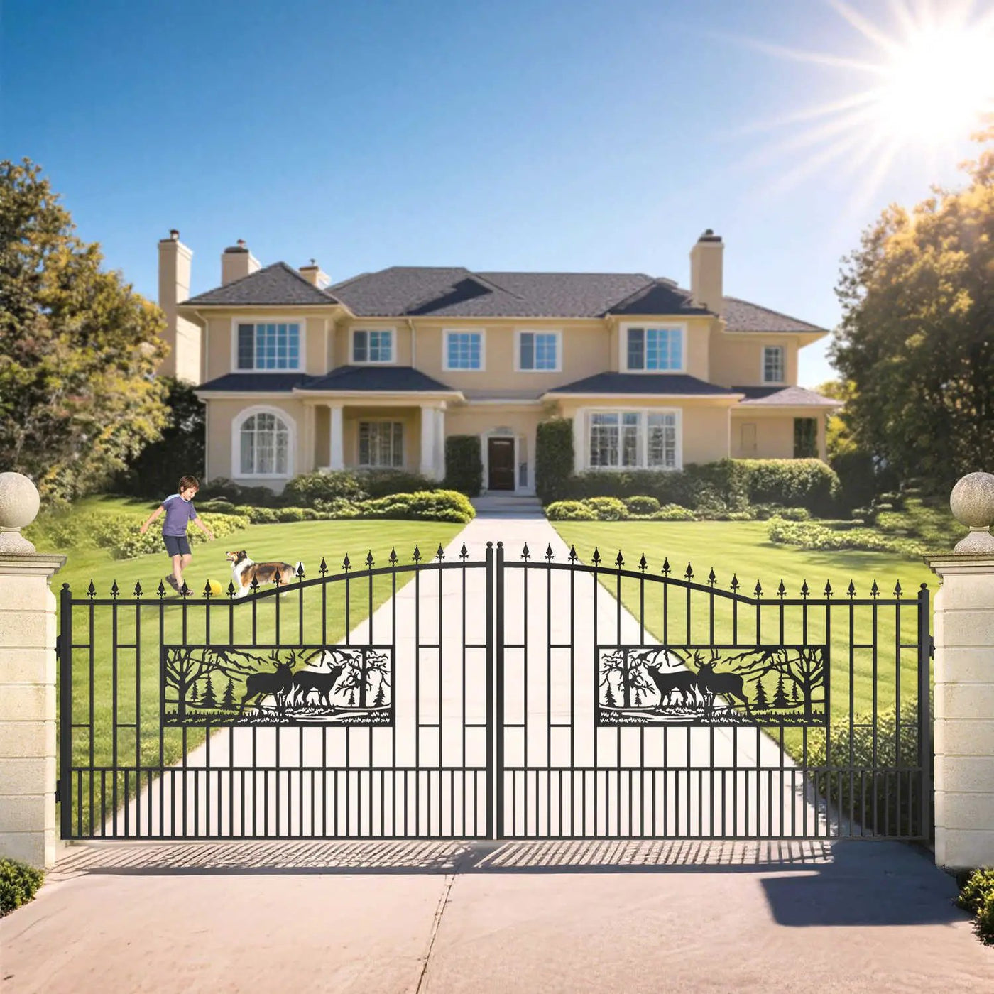18x7 ft Steel Dual Swing Driveway Gate with Rectangular Deer Pattern by Chery Industrial