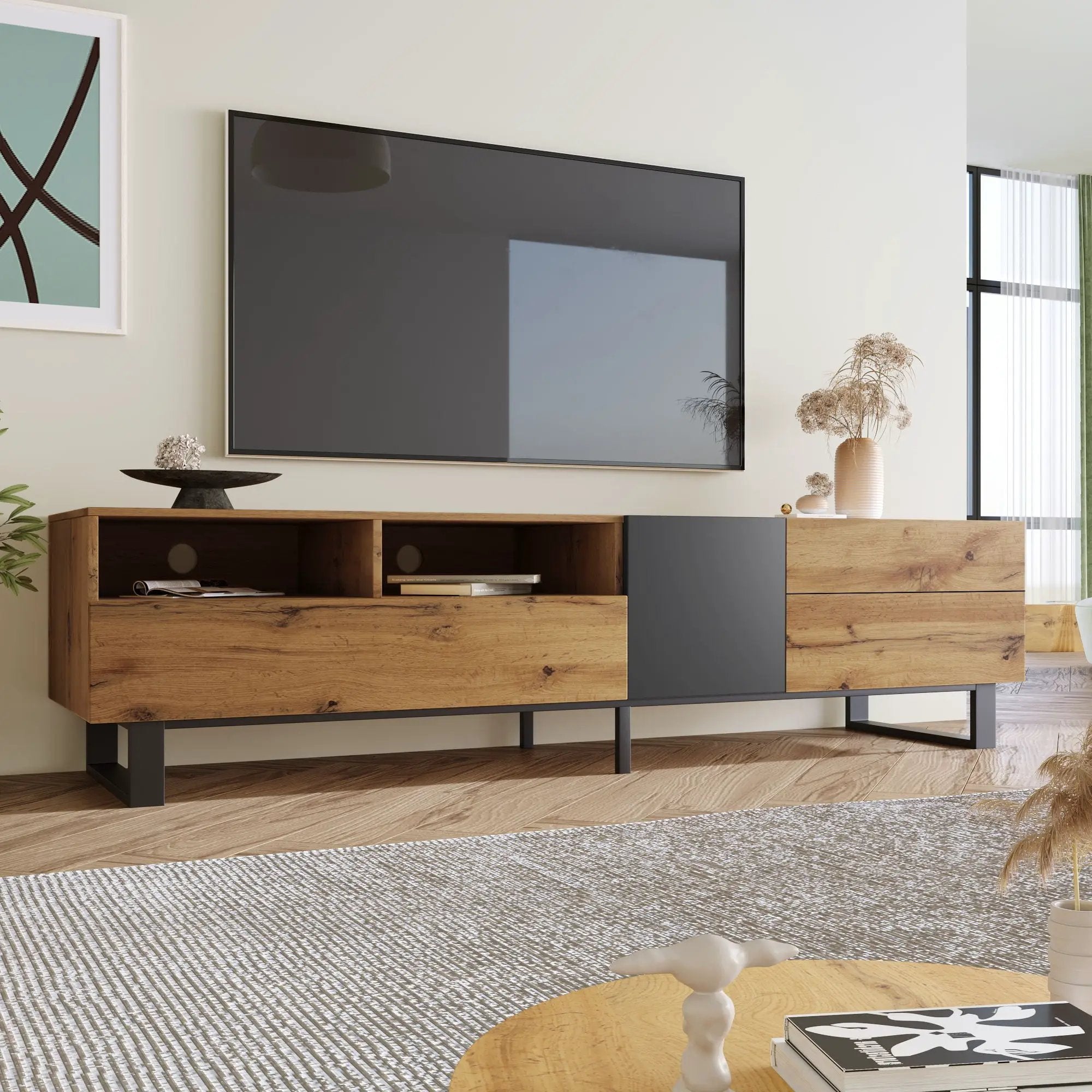 TV Stand For 80'' TV With Double Storage Space, Media Console Table With Drop Down Door by Unique Piece Furniture