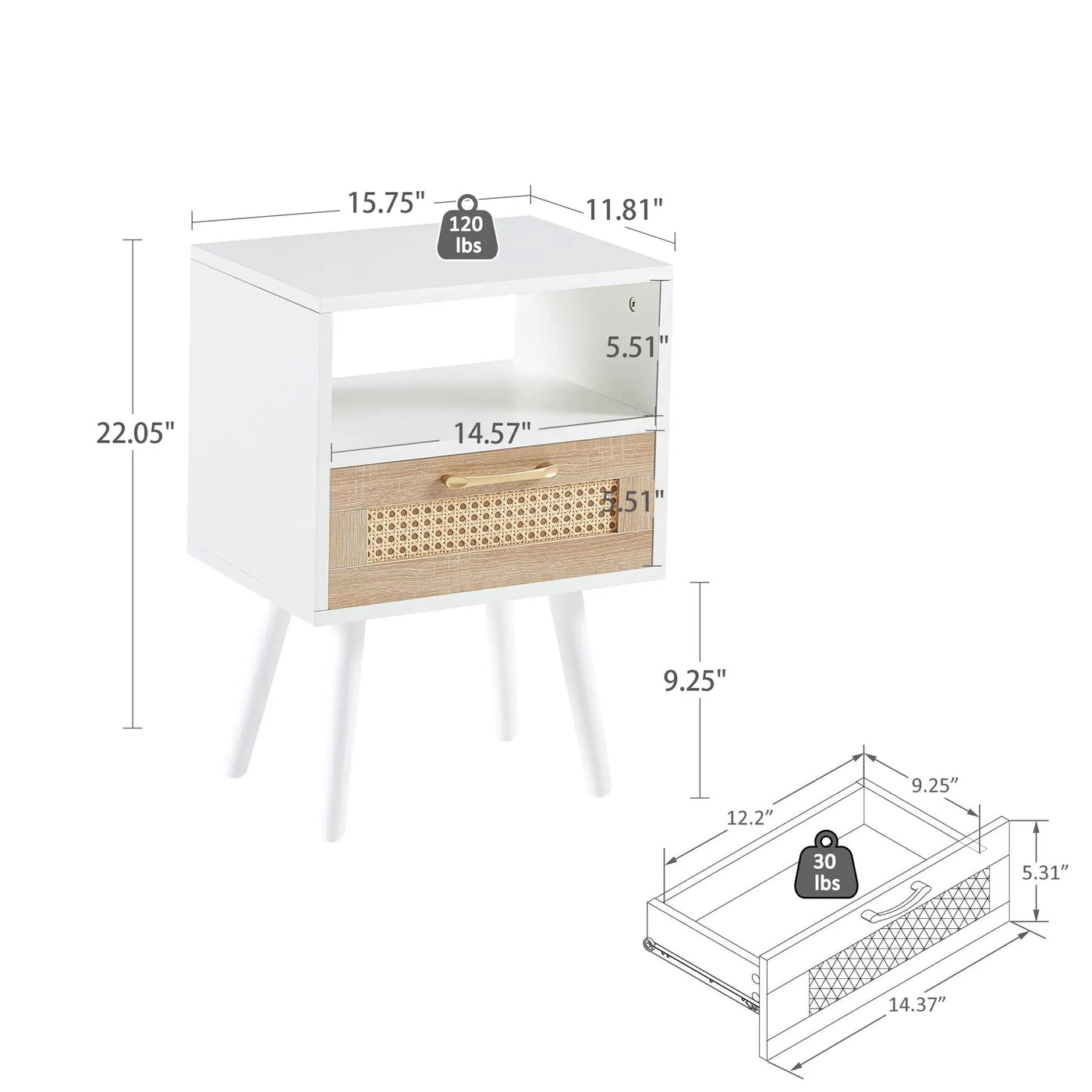 15.75" Rattan End Table With Drawer And Solid Wood Legs, Modern Nightstand, Side Table For Living Room, Bedroom by HouseOfZazla