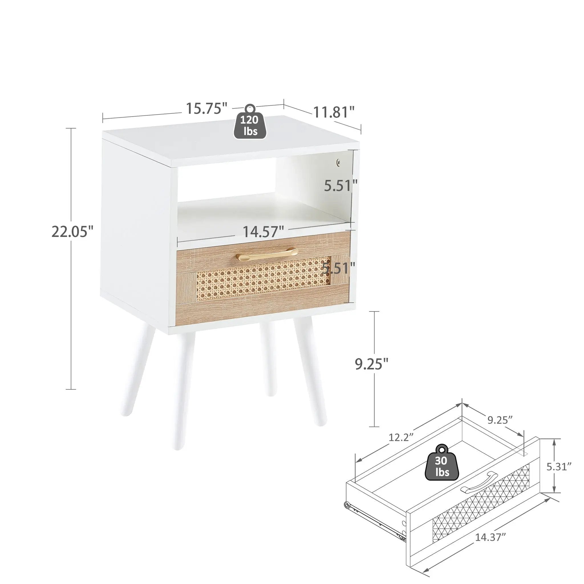 15.75" Rattan End Table With Drawer And Solid Wood Legs, Modern Nightstand, Side Table For Living Room, Bedroom by Unique Piece Furniture